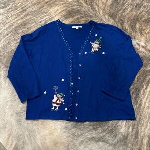 Vintage Blue Cardigan with Festive/Holiday Beading